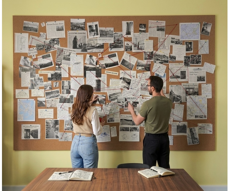 Good Monkeys stüdyo ekibi — fikir ve araştırma panosu Good Monkeys studio team mapping ideas and connections on a research wall